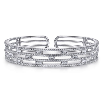 Wide 14K White Gold Round and Baguette Diamond Bangle Bracelet