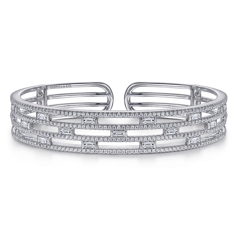Wide 14K White Gold Round and Baguette Diamond Bangle Bracelet - 2.62 ct - Shot 1