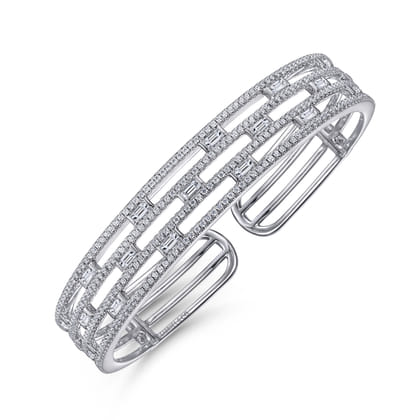 Wide 14K White Gold Round and Baguette Diamond Bangle Bracelet