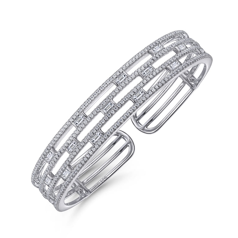 Wide 14K White Gold Round and Baguette Diamond Bangle Bracelet - 2.62 ct - Shot 2