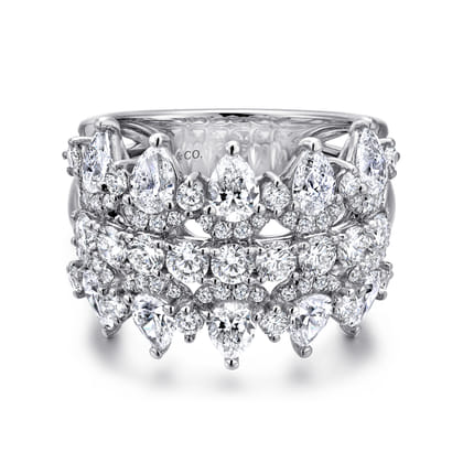 Wide 14K White Gold Round and Pear Shaped Diamond Anniversary Band
