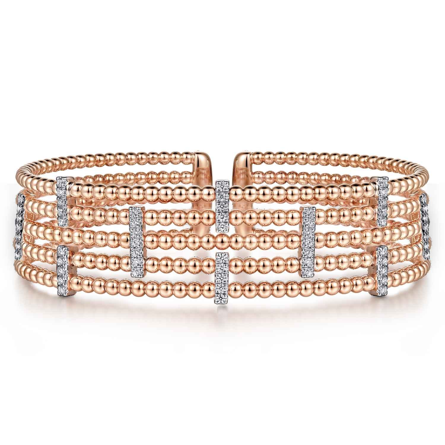 Wide 14K White-Rose Gold Bujukan Cuff Bangle with Diamond Bar Stations - 0.4 ct - Shot 1