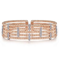 Wide 14K White-Rose Gold Bujukan Cuff Bangle with Diamond Bar Stations