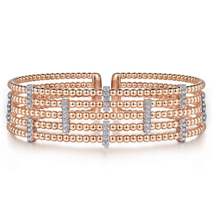 Wide 14K White-Rose Gold Bujukan Cuff Bangle with Diamond Bar Stations