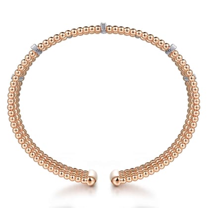 Wide 14K White-Rose Gold Bujukan Cuff Bangle with Diamond Bar Stations