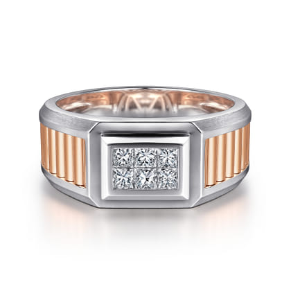 Wide 14K White-Rose Gold Ring with Pave Diamonds in High Polished Finish