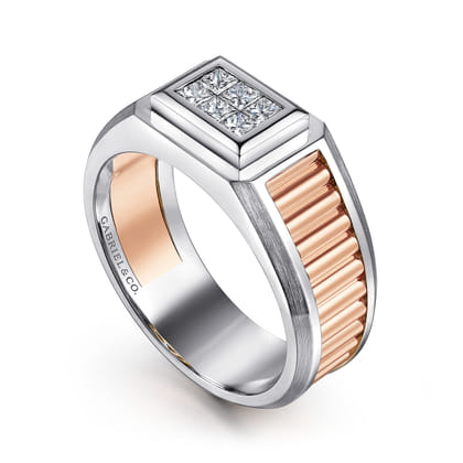 Wide 14K White-Rose Gold Ring with Pave Diamonds in High Polished Finish