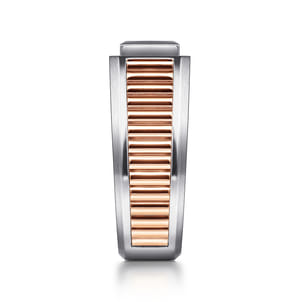 Wide 14K White-Rose Gold Ring with Pave Diamonds in High Polished Finish