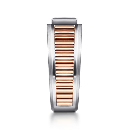 Wide 14K White-Rose Gold Ring with Pave Diamonds in High Polished Finish