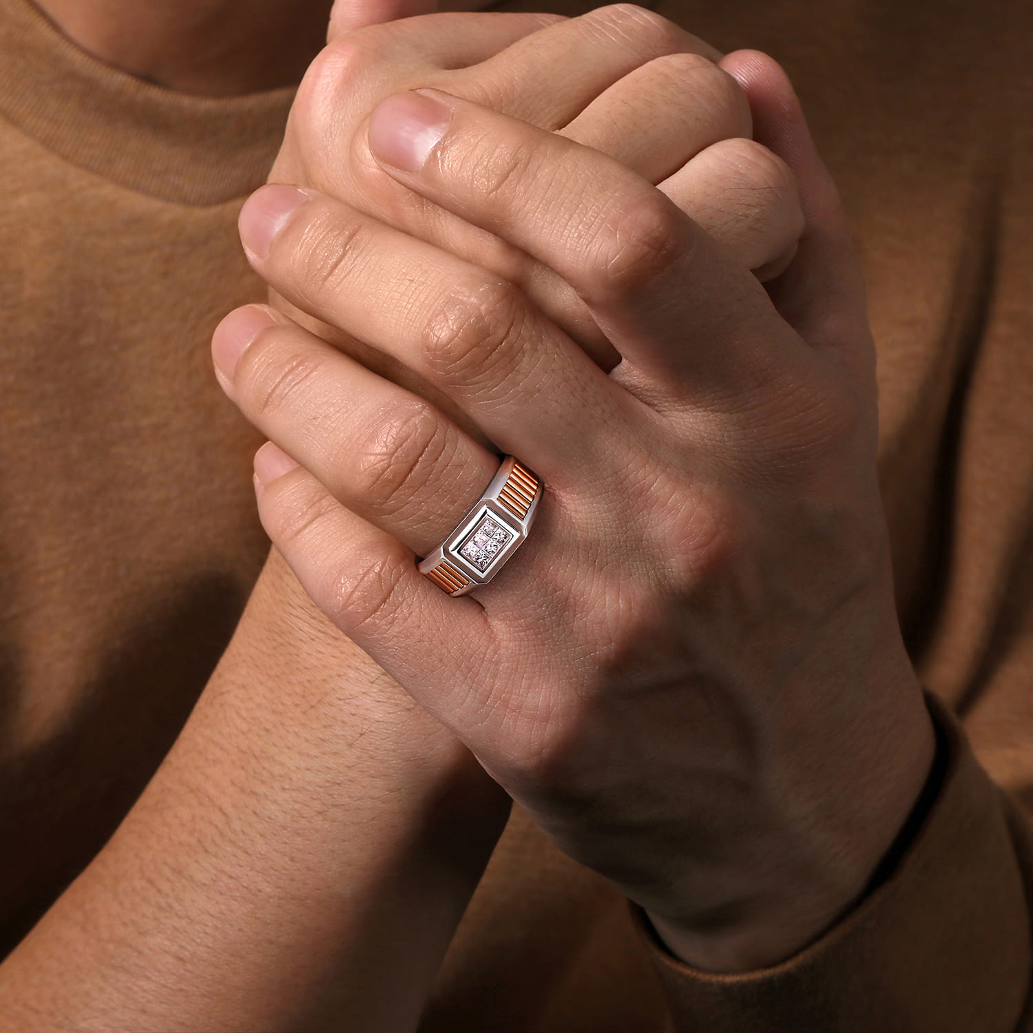 Wide 14K White-Rose Gold Ring with Pave Diamonds in High Polished Finish - 0.35 ct - Shot 5