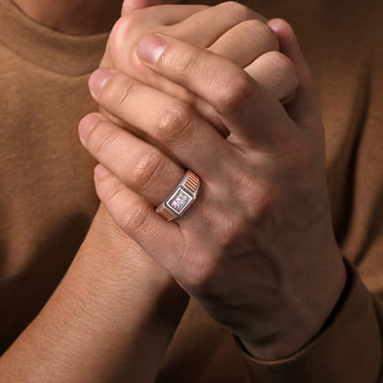 Wide 14K White-Rose Gold Ring with Pave Diamonds in High Polished Finish
