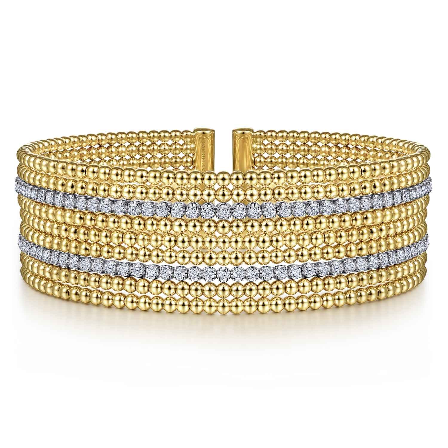 Wide 14K White-Yellow Gold Bujukan Bead Cuff Bracelet with Diamond Channels - 1.28 ct - Shot 1