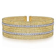Wide 14K White-Yellow Gold Bujukan Bead Cuff Bracelet with Diamond Channels
