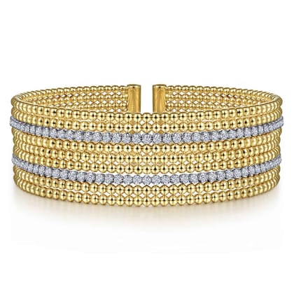 Wide 14K White-Yellow Gold Bujukan Bead Cuff Bracelet with Diamond Channels