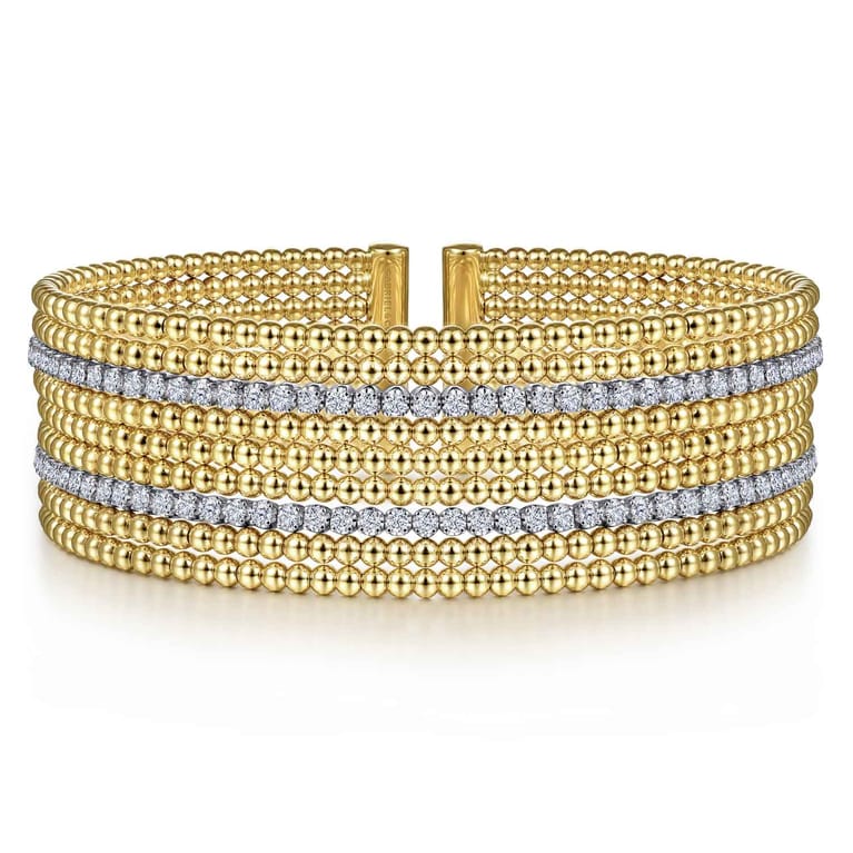 Wide 14K White-Yellow Gold Bujukan Bead Cuff Bracelet with Diamond Channels - 1.28 ct - Shot 1