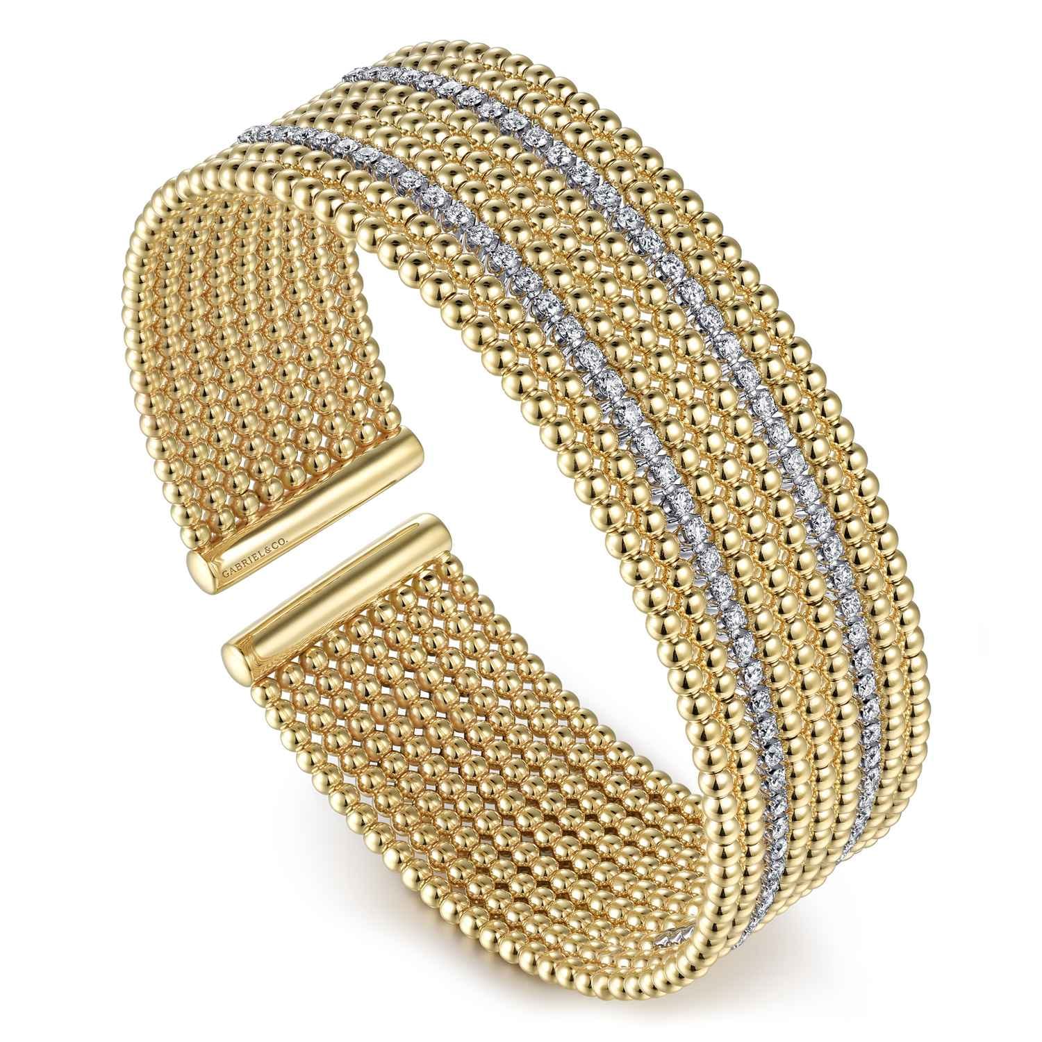 Wide 14K White-Yellow Gold Bujukan Bead Cuff Bracelet with Diamond Channels - 1.28 ct - Shot 2