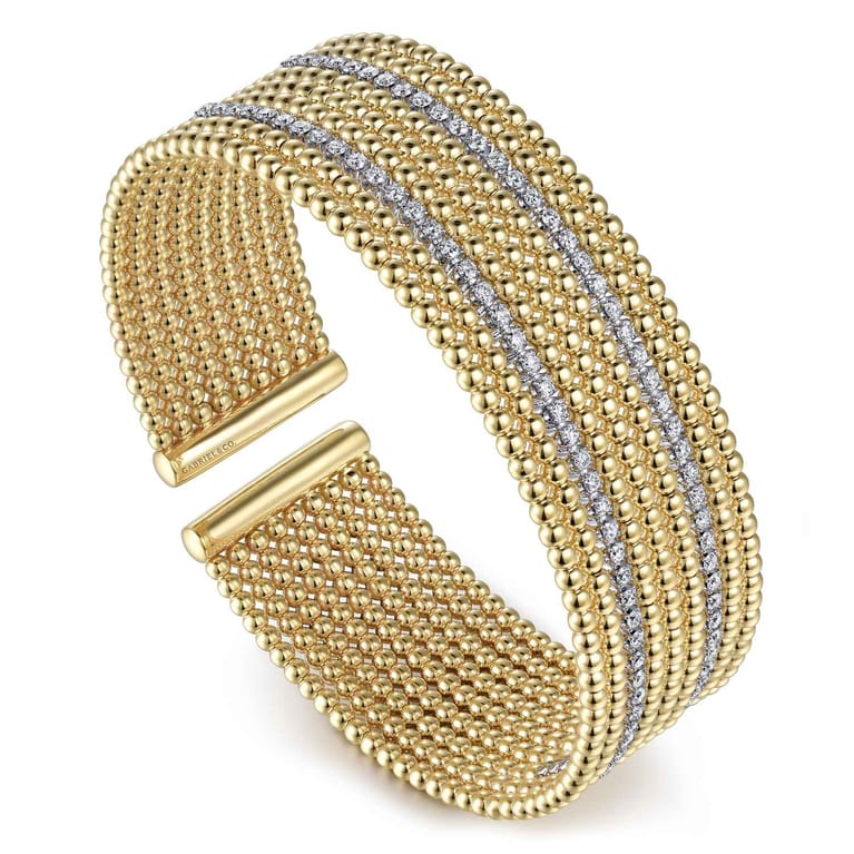 Wide 14K White-Yellow Gold Bujukan Bead Cuff Bracelet with Diamond Channels - 1.28 ct - Shot 2