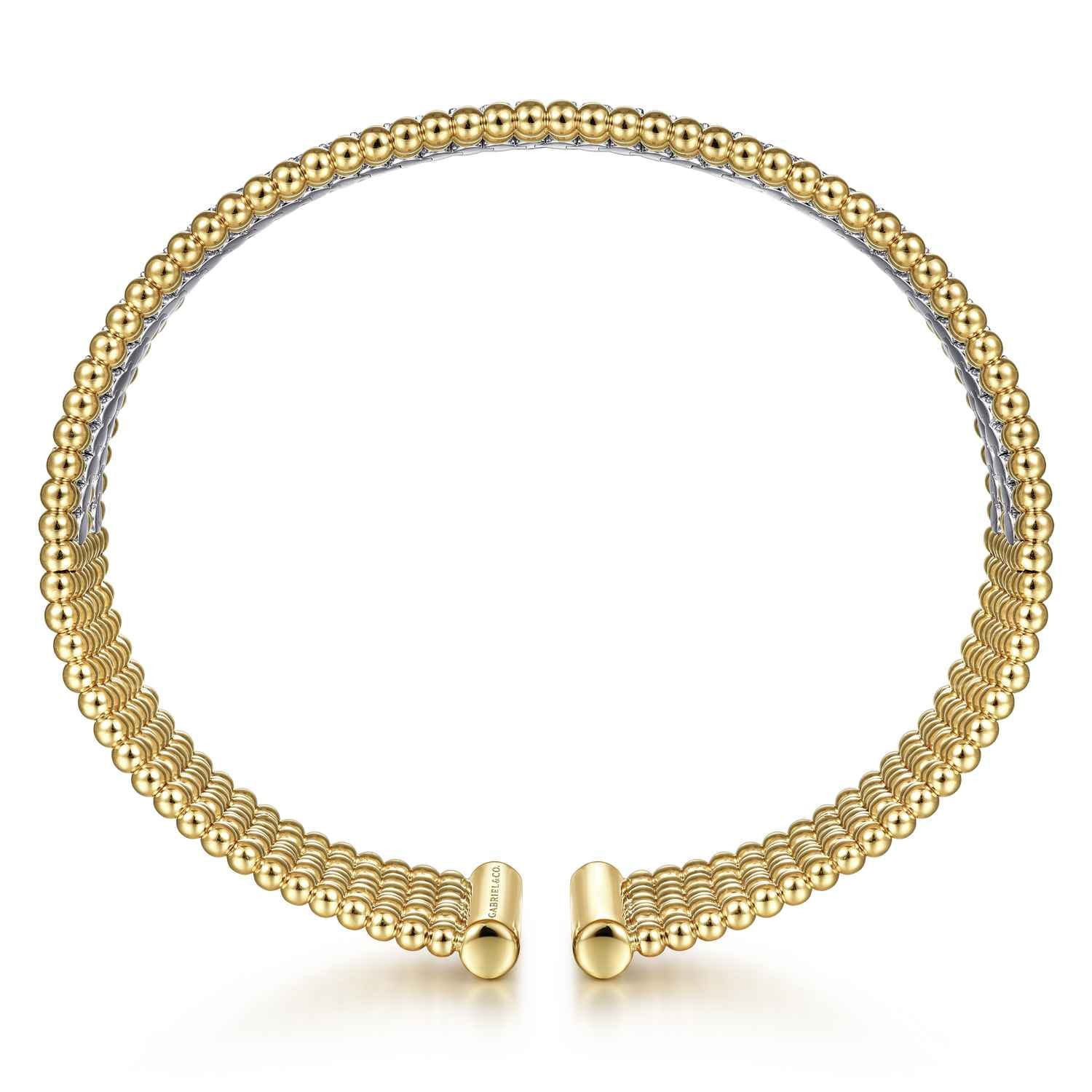 Wide 14K White-Yellow Gold Bujukan Bead Cuff Bracelet with Diamond Channels - 1.28 ct - Shot 3