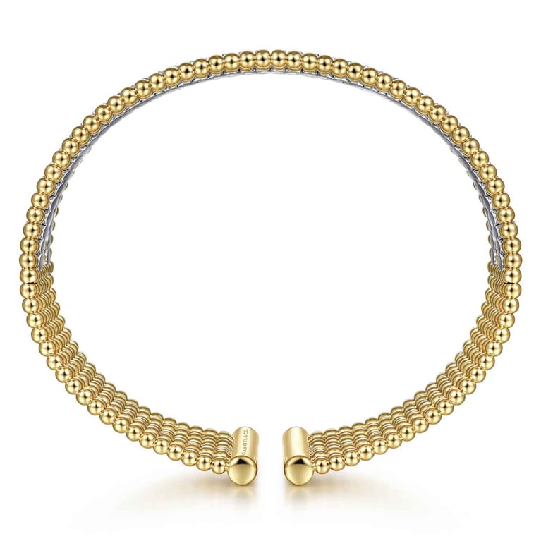 Wide 14K White-Yellow Gold Bujukan Bead Cuff Bracelet with Diamond Channels - 1.28 ct - Shot 3