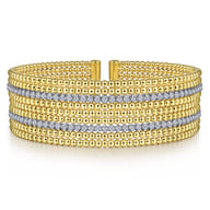 Wide 14K White-Yellow Gold Bujukan Bead Cuff Bracelet with Diamond Channels