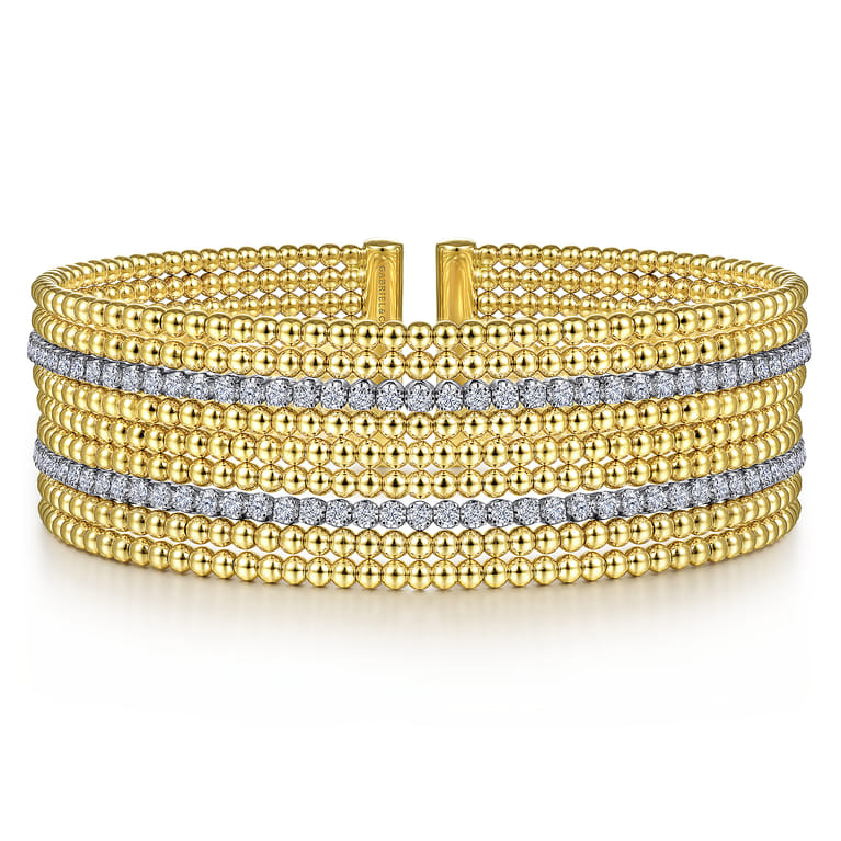 Wide 14K White-Yellow Gold Bujukan Bead Cuff Bracelet with Diamond Channels - 1.3 ct - Shot 1