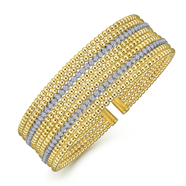 Wide 14K White-Yellow Gold Bujukan Bead Cuff Bracelet with Diamond Channels - 1.3 ct - Shot 2