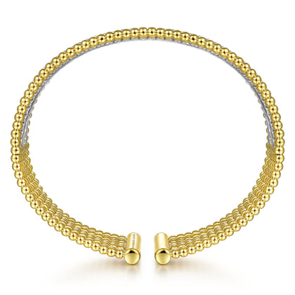 Wide 14K White-Yellow Gold Bujukan Bead Cuff Bracelet with Diamond Channels