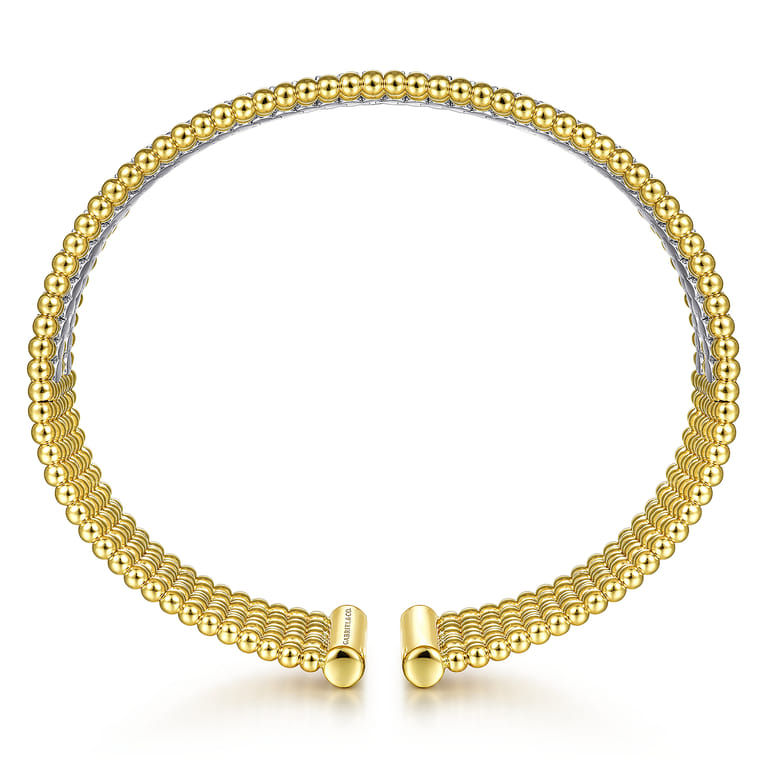 Wide 14K White-Yellow Gold Bujukan Bead Cuff Bracelet with Diamond Channels - 1.3 ct - Shot 3