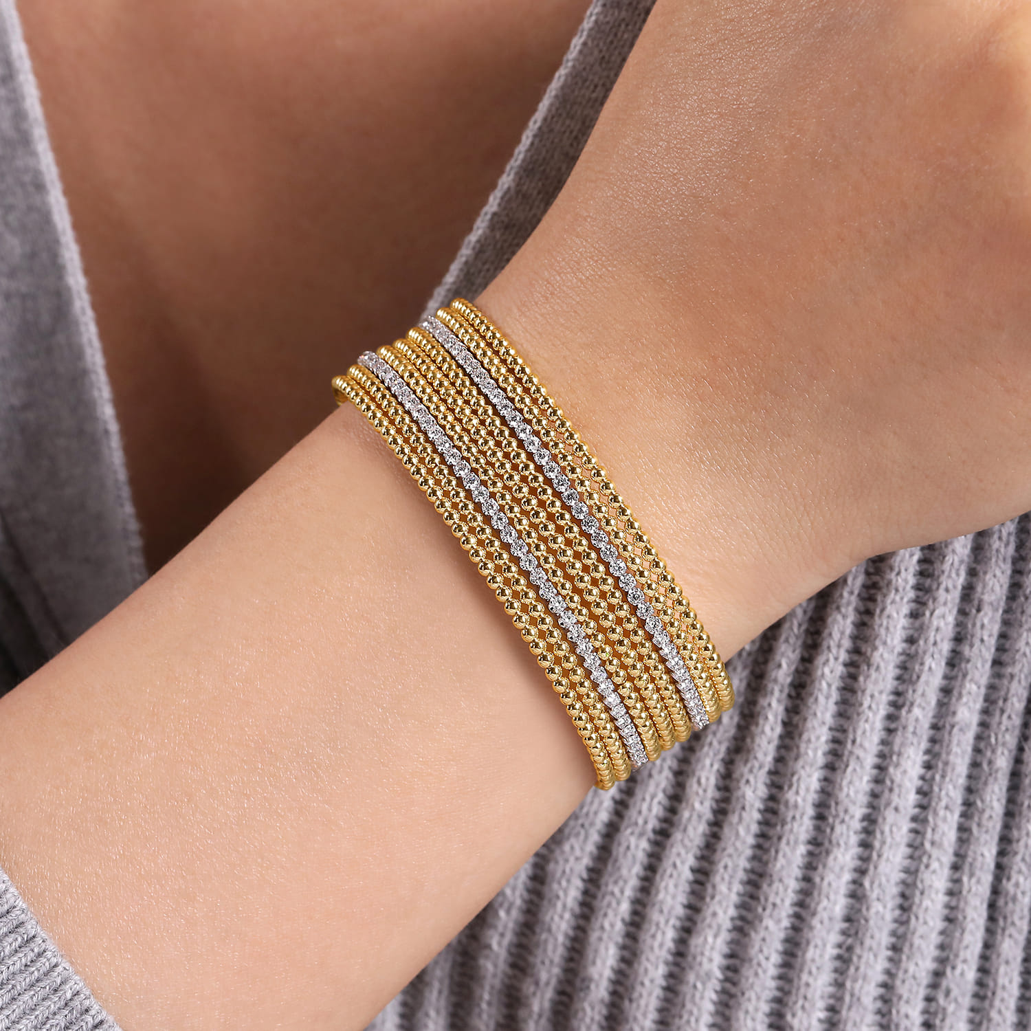 Wide 14K White-Yellow Gold Bujukan Bead Cuff Bracelet with Diamond Channels - 1.3 ct - Shot 4