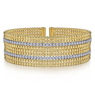 Wide 14K White-Yellow Gold Bujukan Bead Cuff Bracelet with Diamond Channels