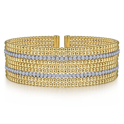 Wide 14K White-Yellow Gold Bujukan Bead Cuff Bracelet with Diamond Channels