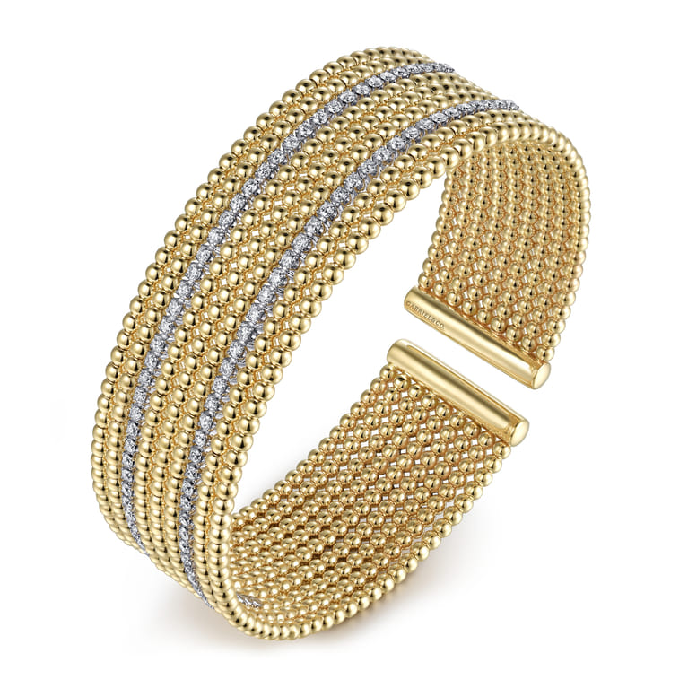 Wide 14K White-Yellow Gold Bujukan Bead Cuff Bracelet with Diamond Channels - 1.35 ct - Shot 2