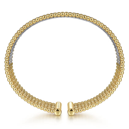 Wide 14K White-Yellow Gold Bujukan Bead Cuff Bracelet with Diamond Channels
