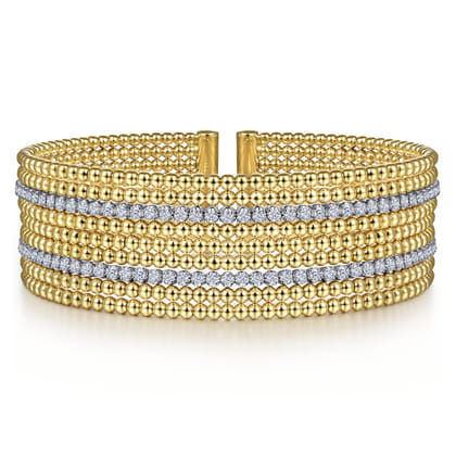 Wide 14K White-Yellow Gold Bujukan Bead Cuff Bracelet with Diamond Channels