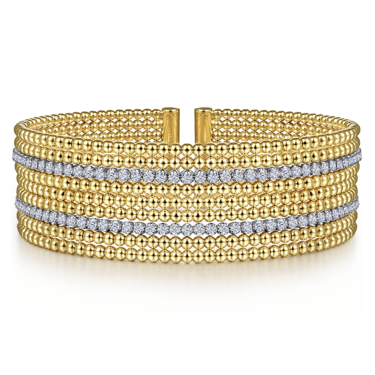 Wide 14K White-Yellow Gold Bujukan Bead Cuff Bracelet with Diamond Channels - 1.28 ct - Shot 1