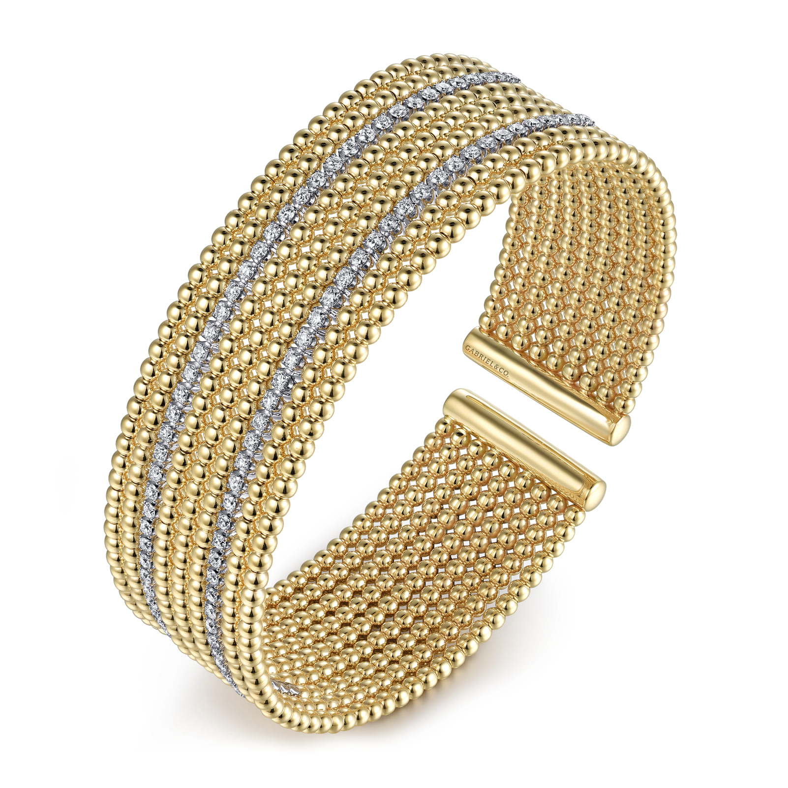Wide 14K White-Yellow Gold Bujukan Bead Cuff Bracelet with Diamond Channels - 1.28 ct - Shot 2