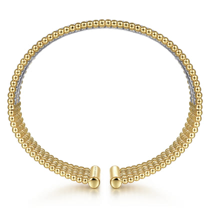 Wide 14K White-Yellow Gold Bujukan Bead Cuff Bracelet with Diamond Channels