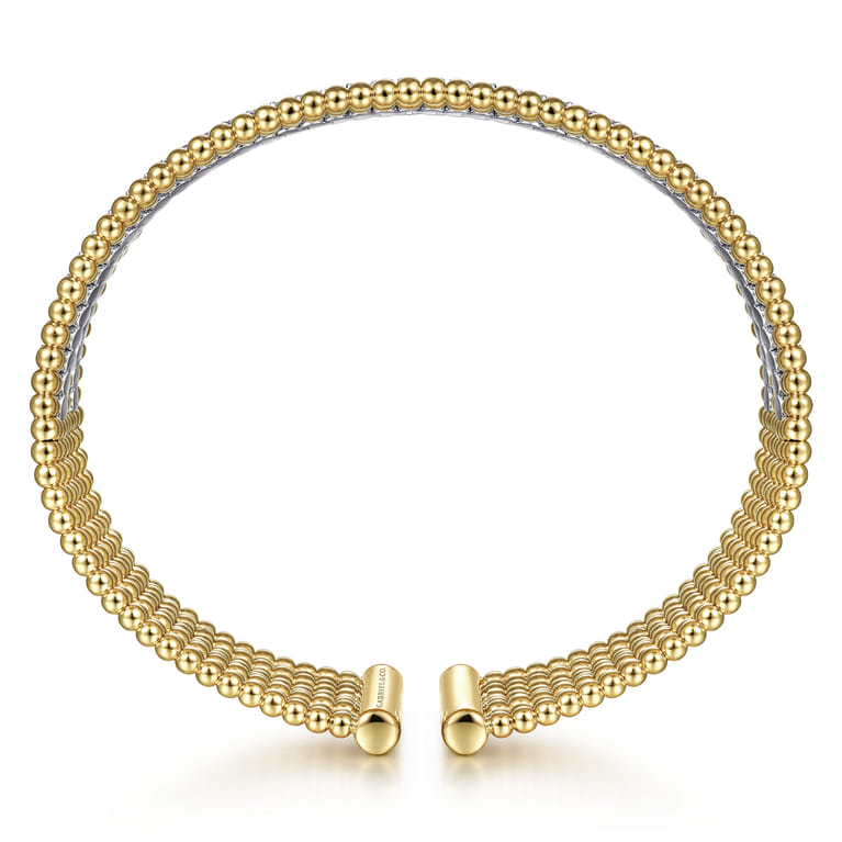 Wide 14K White-Yellow Gold Bujukan Bead Cuff Bracelet with Diamond Channels - 1.28 ct - Shot 3
