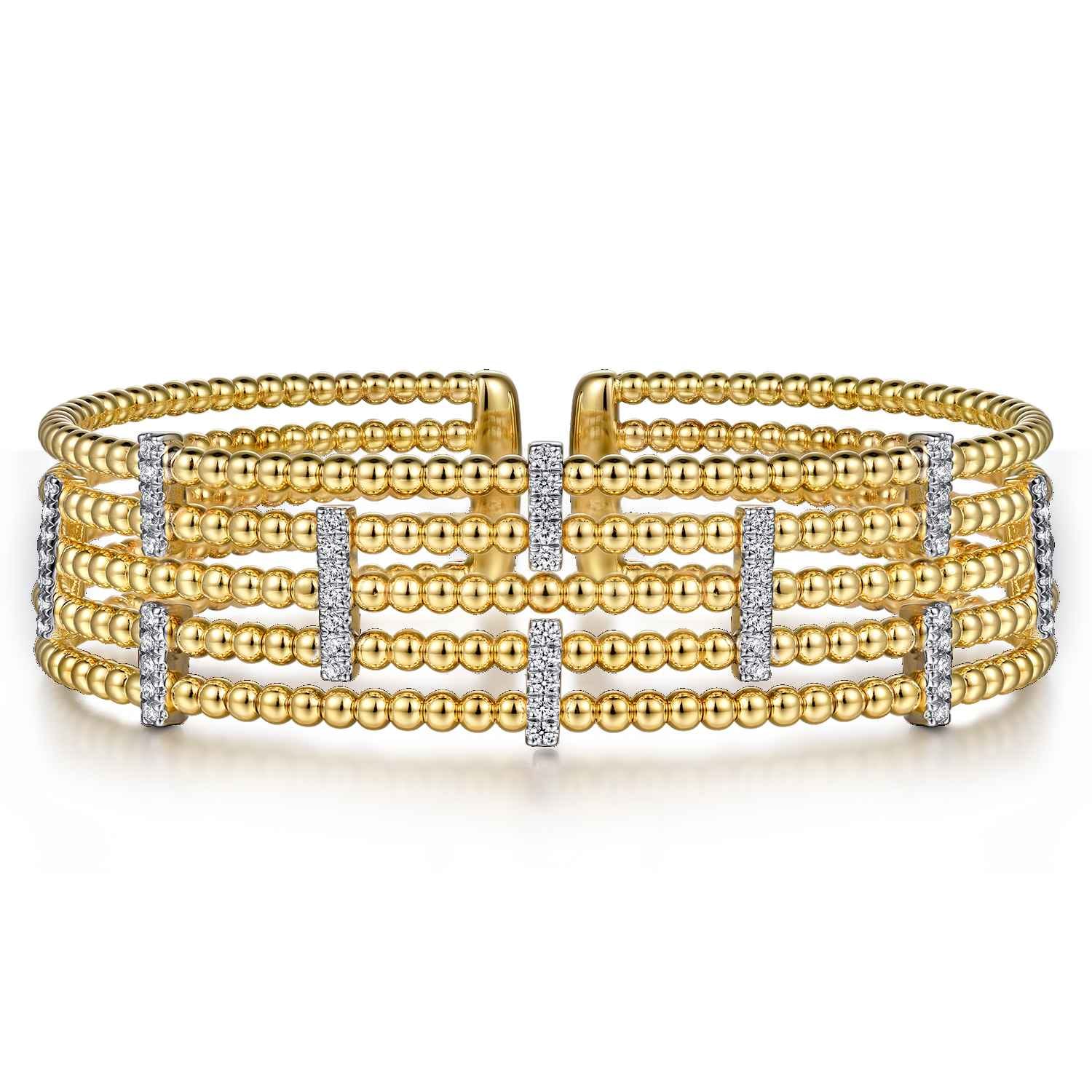 Wide 14K White-Yellow Gold Bujukan Cuff Bangle with Diamond Bar Stations - 0.4 ct - Shot 1