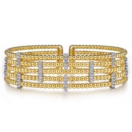 Wide 14K White-Yellow Gold Bujukan Cuff Bangle with Diamond Bar Stations
