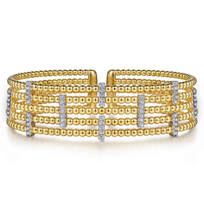 Wide 14K White-Yellow Gold Bujukan Cuff Bangle with Diamond Bar Stations