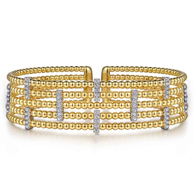 Wide 14K White-Yellow Gold Bujukan Cuff Bangle with Diamond Bar Stations - 0.4 ct - Shot 1