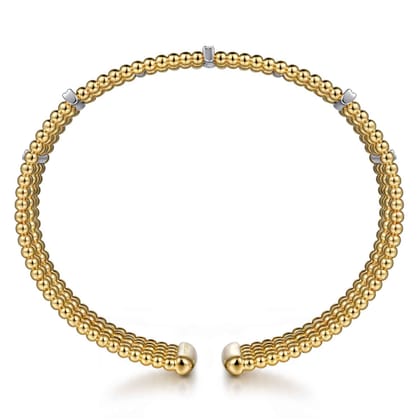 Wide 14K White-Yellow Gold Bujukan Cuff Bangle with Diamond Bar Stations