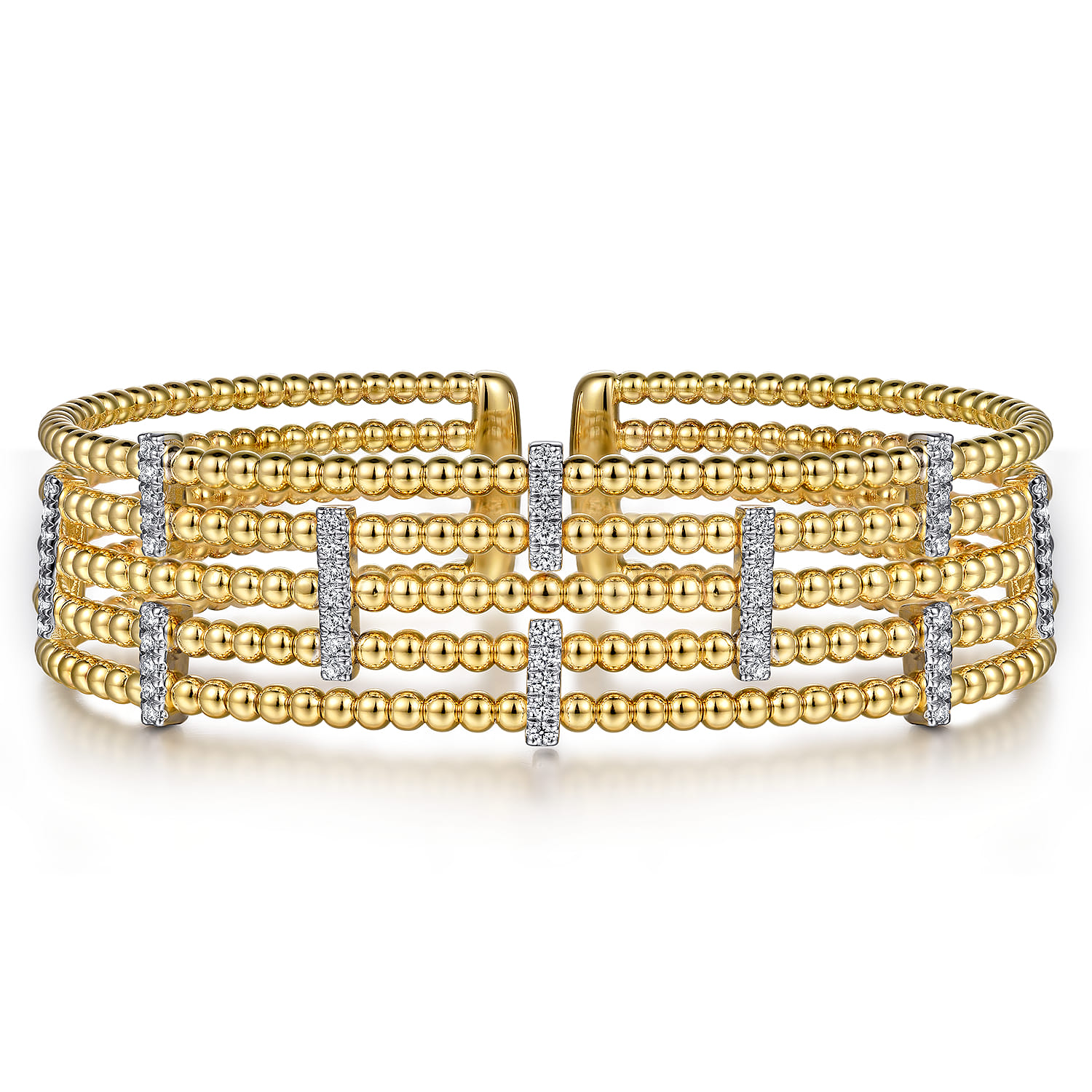 Wide 14K White-Yellow Gold Bujukan Cuff Bangle with Diamond Bar Stations - 0.4 ct - Shot 1