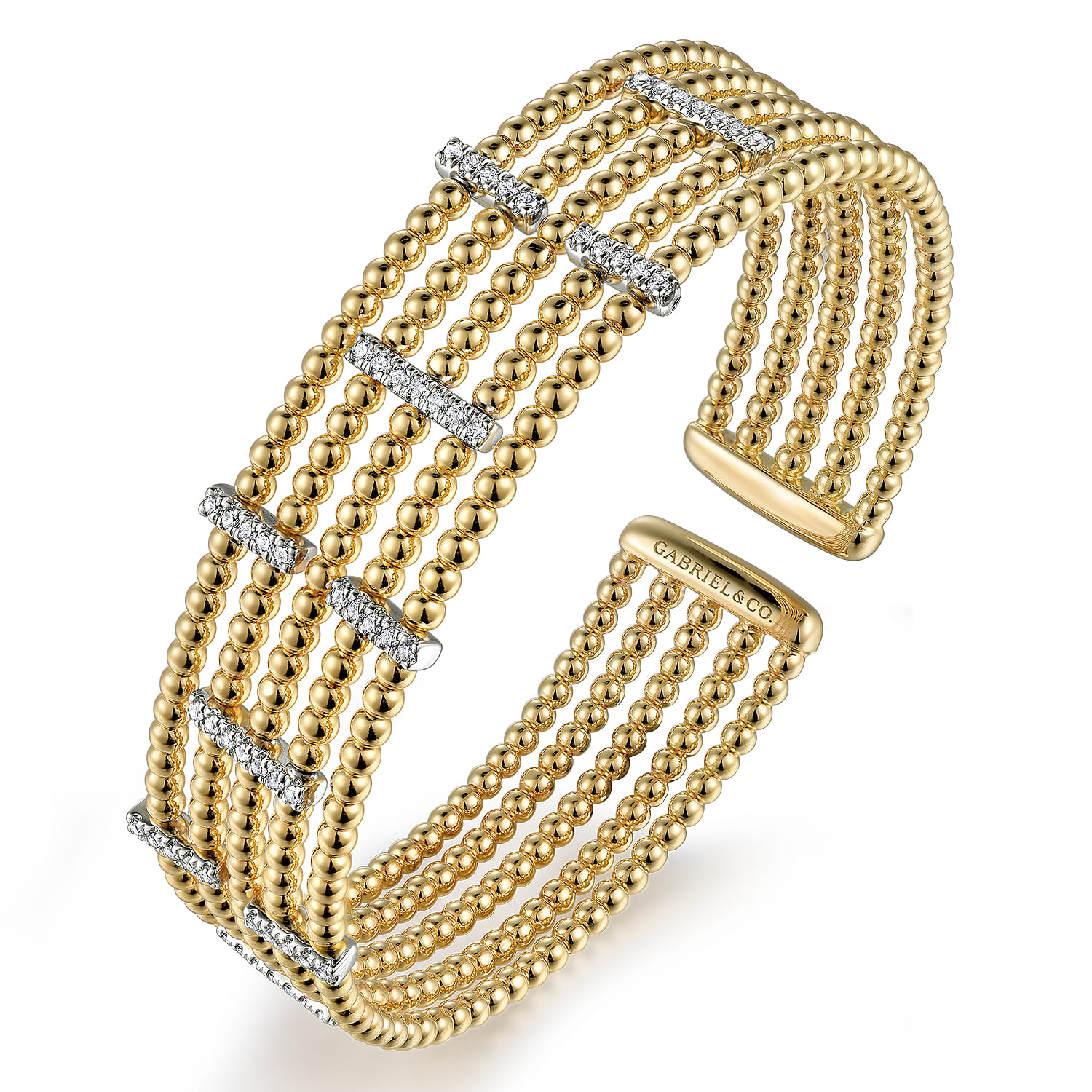Wide 14K White-Yellow Gold Bujukan Cuff Bangle with Diamond Bar Stations - 0.4 ct - Shot 2