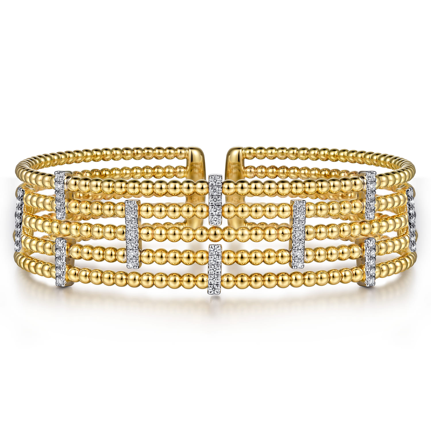 Wide 14K White-Yellow Gold Bujukan Cuff Bangle with Diamond Bar Stations - 0.4 ct - Shot 1
