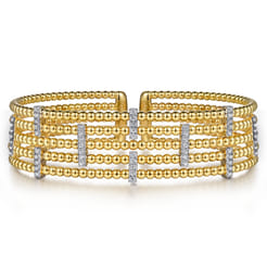 Wide 14K White-Yellow Gold Bujukan Cuff Bangle with Diamond Bar Stations