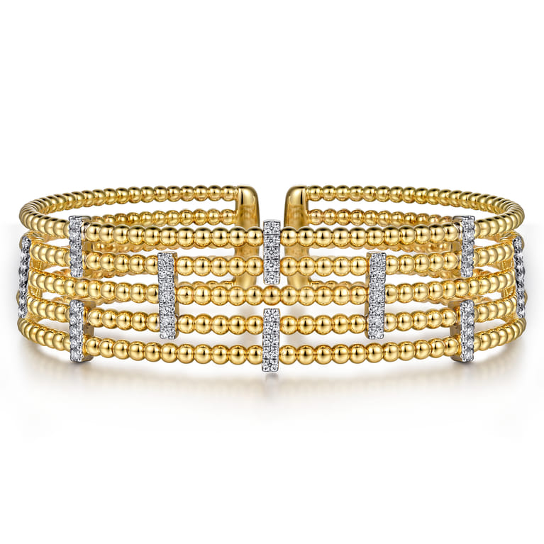 Wide 14K White-Yellow Gold Bujukan Cuff Bangle with Diamond Bar Stations - 0.4 ct - Shot 1