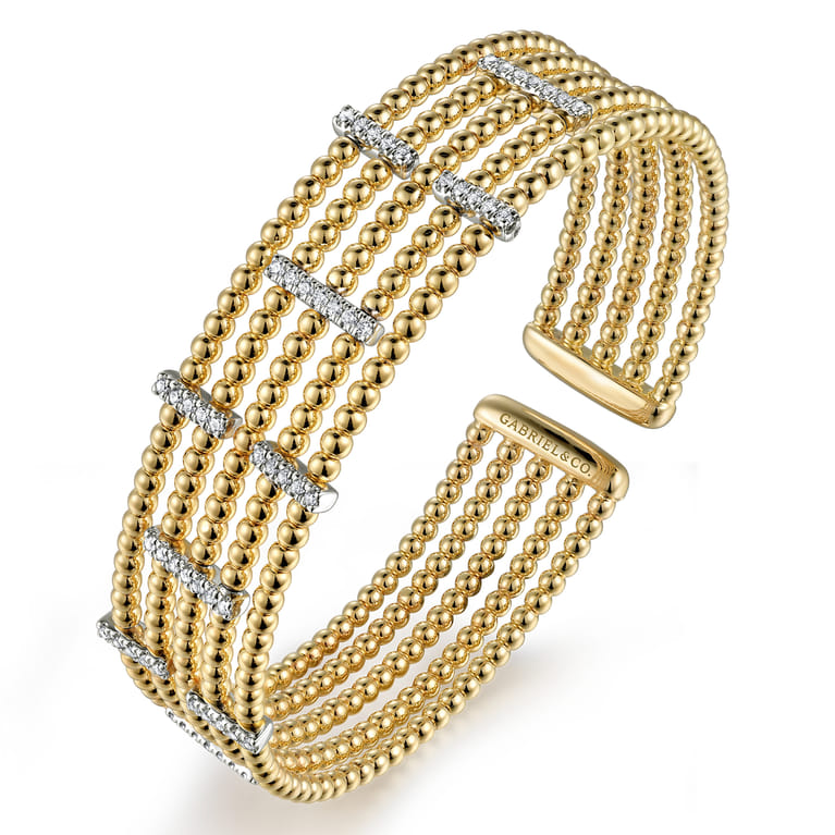 Wide 14K White-Yellow Gold Bujukan Cuff Bangle with Diamond Bar Stations - 0.4 ct - Shot 2