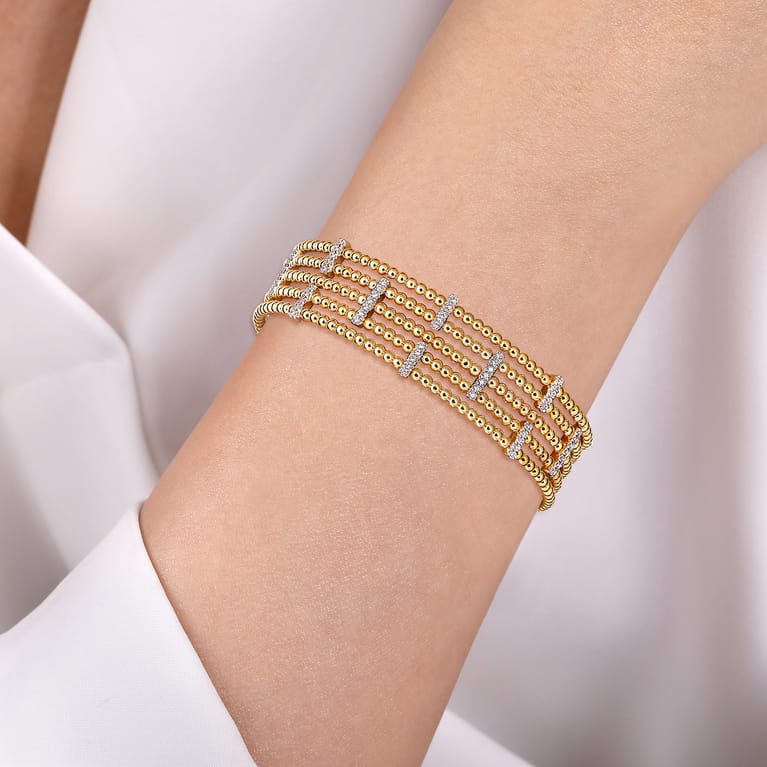 Wide 14K White-Yellow Gold Bujukan Cuff Bangle with Diamond Bar Stations - 0.4 ct - Shot 4